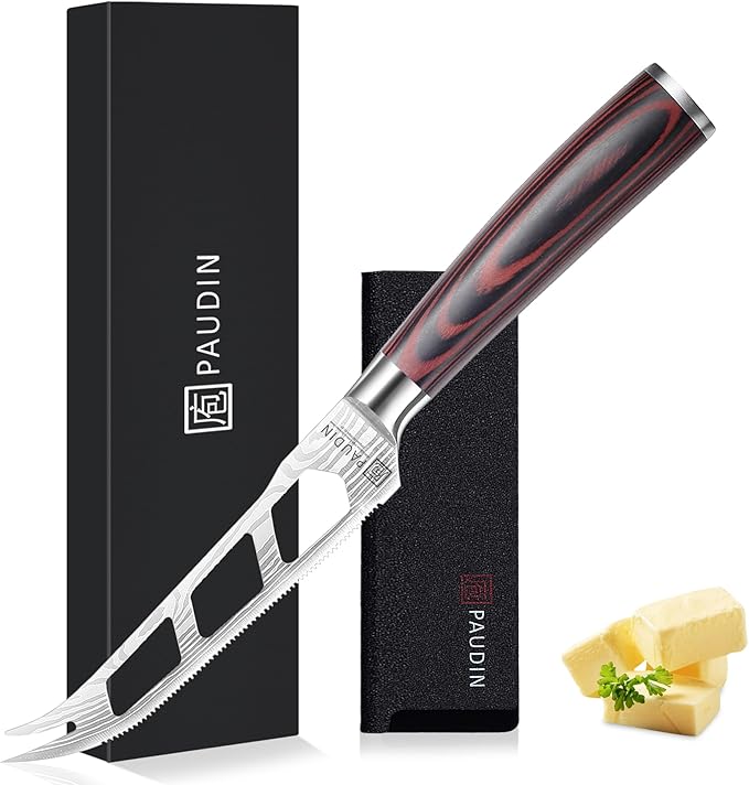 PAUDIN Cheese Knife, 5 Inch Serrated Knife, Multi-Use Tomato Knives with Ergonomic Pakkawood Handle, High Carbon Steel Ultra Sharp Small Kitchen Knives