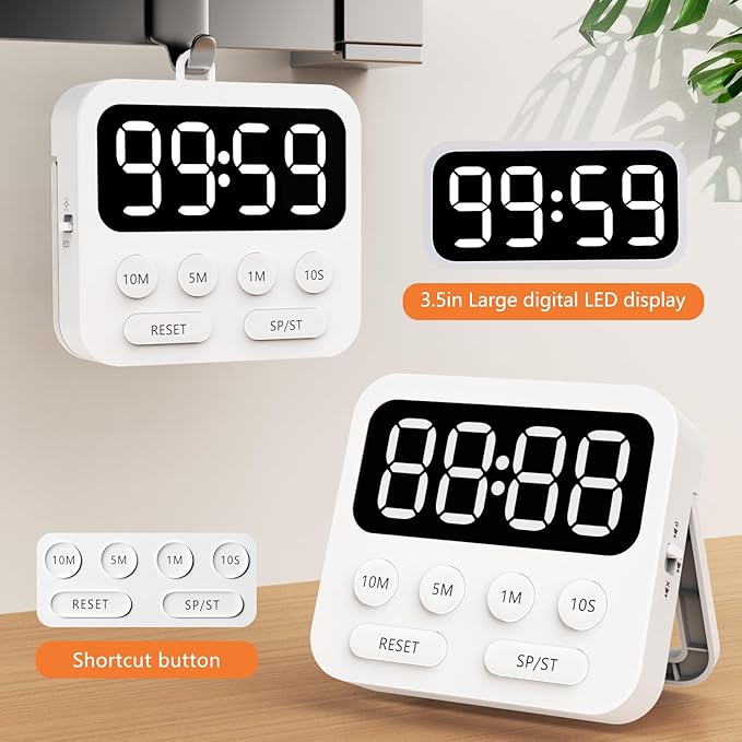 Digital Kitchen Timer with Stopwatch and Countdown Function - Magnetic Classroom Timer for Kids with Large LED Display and Adjustable Volume for Cooking, Exercise, Baking, Desk