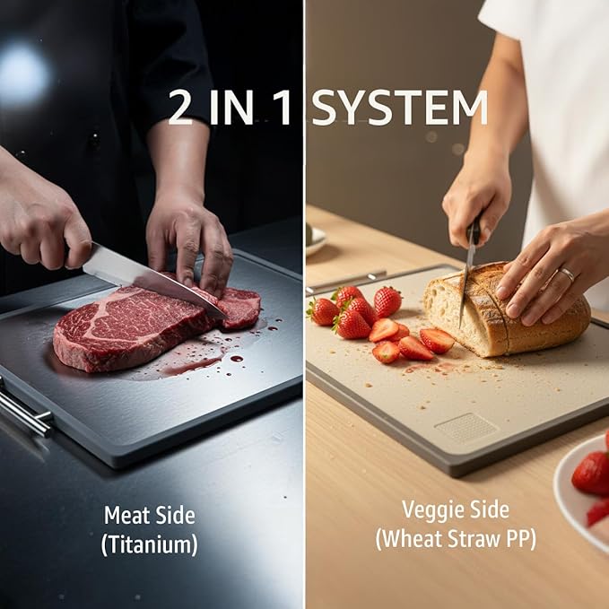 XL 16.7" Titanium Cutting Board (3.5LBS Heavy Duty) - Double Sided for Meat & Veggie with 304 Stainless Steel Handle, Dishwasher Safe, Non-Toxic & Knife Friendly - Large Cutting Board for Kitchen, 1PC