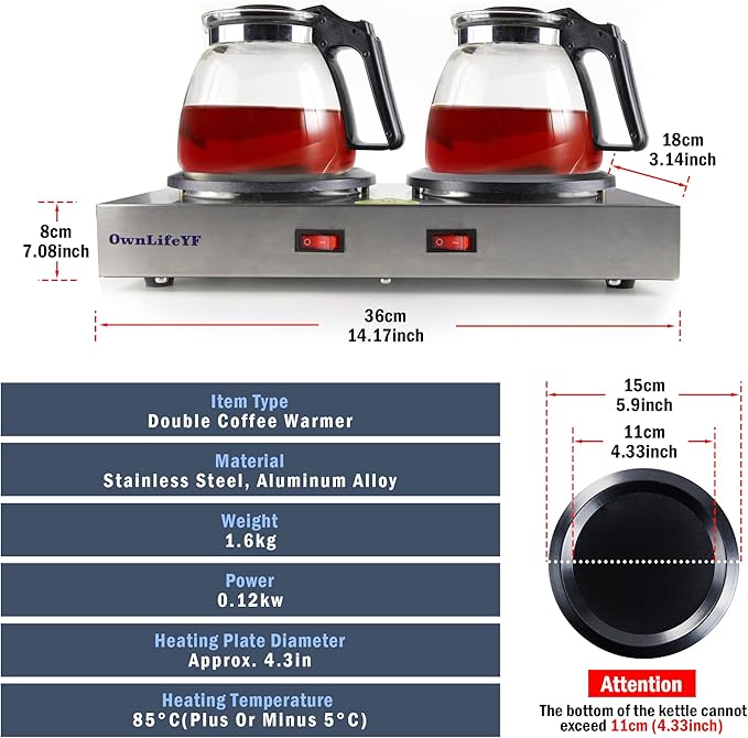 OwnLifeYF Commercial Double Coffee Carafe Warmer, Stainless Steel, 2 Burners Decanter Warmer Plate,Suitable for Café, Break Room, Buffet, Event and Commercial Use (US Plug 110V)