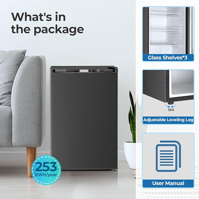 Compact Refrigerator 4.4 Cu.ft Mini Fridge, Single Door Refrigerator with Adjustable Temperature Settings, Low noise, for Bedroom, Office, Dorm Black