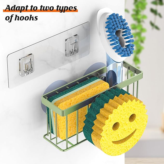 Sponge Holder Smiley Face, Sink Organizer with 2 Suction Cups/1 Adhesive Strips,Designed for Sponge,Soap,Dish Brush,Scrubber - Green