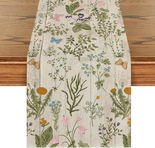 Artoid Mode Wood Wild Flowers Floral Spring Table Runner,Seasonal Summer Kitchen Dining Table Decoration for Home Party Decor 13x72 Inch