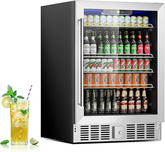 Beverage 24 Inch Wine Fridge, 182 Can Mini Fridge Glass Door for Drinks Soda, Beer, or Wine - Small Refrigerator for Office Bedroom Home Bar, Adjustable Shelves, 5.3 Cu.Ft, Silver