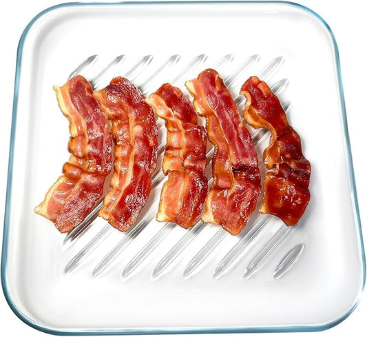 HoPliGhe Microwave Bacon Cooker, Square Glass Microwave Bacon Grill Tray 9.84inch,Cook Crispy Bacon in Minutes