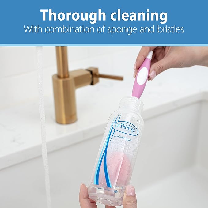 Dr. Brown's Reusable Sponge Baby Bottle Cleaning Brush with Suction Cup Stand, Scrubber and Nipple Cleaner, Pink 1-Pack
