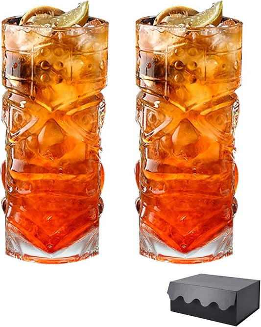 2 Pack 14oz Hawaiian Tiki Glasses for Cocktails, Lemonade, Ice Tea, Mixed Drinks, Modern Bar Tiki Cups Tiki Mugs, Cocktails Glasses Gift Sets