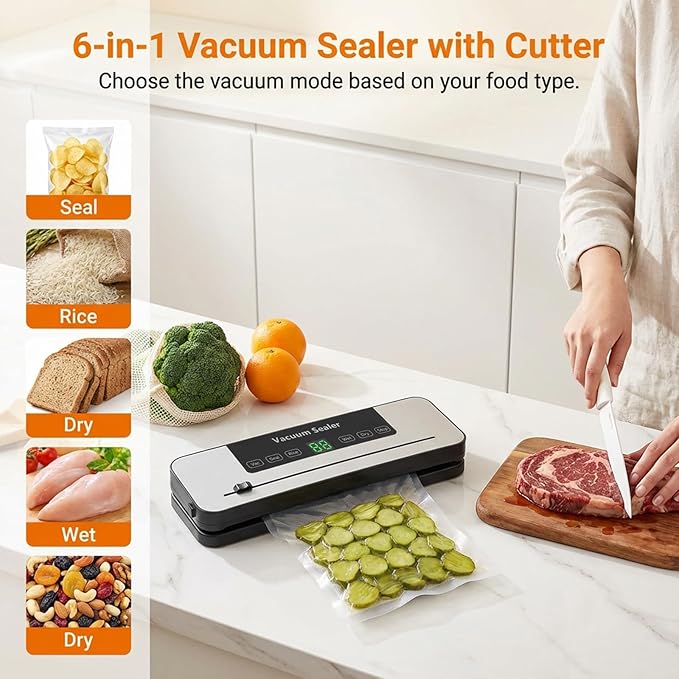 Vacuum Sealer Machine for Food with 30 Storage Bags, Built-in Cutter, 6-in-1 Automatic Sealing Machine for Seal a Meal, Wet & Dry Food Prep, Compact Heat Sealer for Freezer Preservation