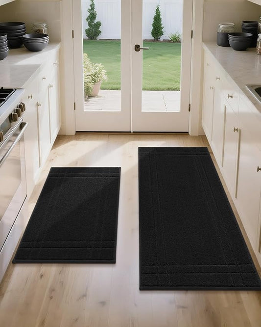 JSEI Kitchen Mats for Floor, Non-Slip Kitchen Rugs, Soft Washable Absorbent Kitchen Mats 2 PCS, Kitchen Runner Rug with TPR Backing, Polyester, 20"x32"+20"x48", Black