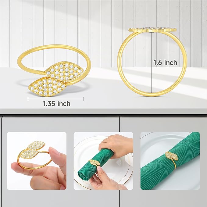 KPOSIYA Set of 20 Diamond Leaf Napkin Rings Metal Gold Napkin Holder Table Napkin Rings for Thanksgiving Day Christmas Dinning Table Parties Everyday (Diamond 20)