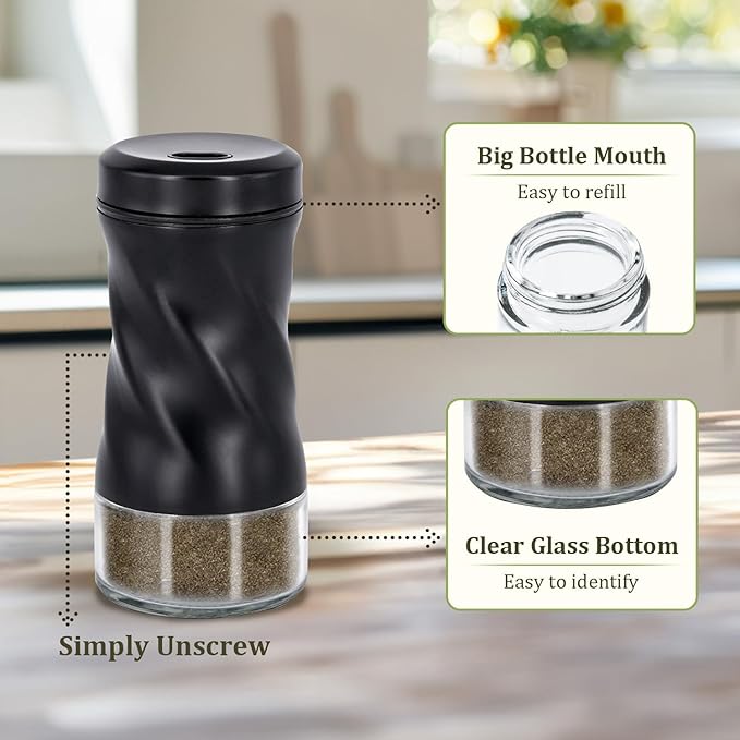 Black Salt and Pepper Shakers with Adjustable Pour Hole by NEODACO, Modern Glass Salt Shaker with Stainless Steel Lids for Kitchen Gadgets Table, RV, Ideal for Himalayan, Kosher, and Black Pepper