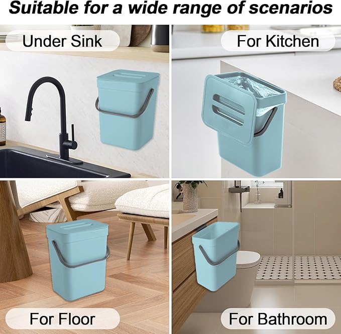 Compost Bin Kitchen, for use on Countertops or Under Sinks, Hanging Trash Can with Lid, for Cupboard/Bathroom/Bedroom/Office/Camping, Mountable Indoor Compost Bucket(Blue 0.8 Gallon/3L)