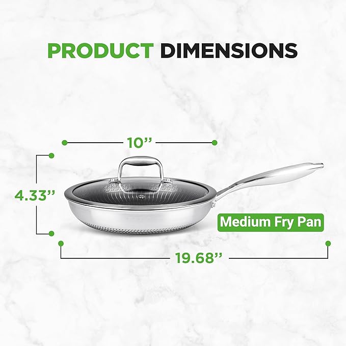 NutriChef 10” Non-Stick Stainless Steel Frying Pan with Lid, Triply Stainless Steel Cookware, Etched Non-Stick Coating, Oven & Induction Safe, Premium Stainless Steel Frying Pan, PFOA/PFOS Free