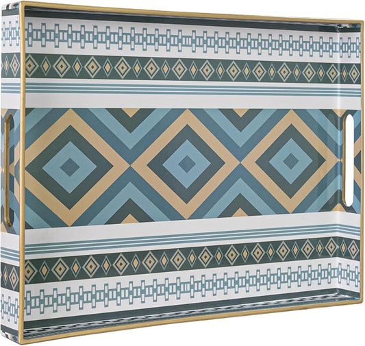 Rectangular Decorative Tray, Plastic Serving Tray with Handles, Bohemian Blue Tray for Ottoman, Coffee Table Tray for Living Room, Home Decor, 15.8" x 11.8" x 1.6"