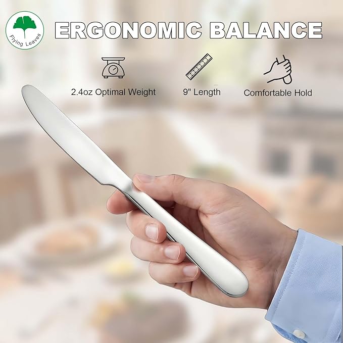 6 Piece Stainless Steel Dinner Knives Set, 9 Inch Table Knives with Mirror Polished Blade, Serrated Edge Cutlery for Kitchen, Dishwasher Safe - Ideal for Home, Restaurant, Gifting