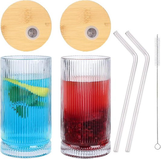 16 Oz Ribbed Drinking Glasses with Lids and Straws, 2 Pack Iced Coffee Glasses Clean Water Glass Cups for Kitchen Juicing, Office, Travel