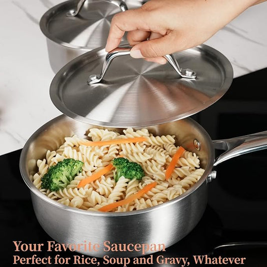 Rokasala 1.5 QT Saucepan with Lid,3-Ply Stainless Steel Saucepan,Professional Grade Cookware,Induction Compatible
