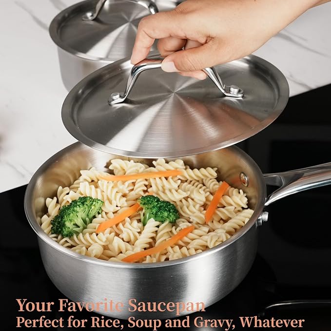 Rokasala 2 QT Saucepan with Lid,3-Ply Stainless Steel Saucepan,Professional Grade Cookware,Induction Compatible