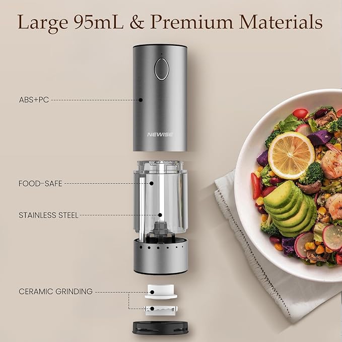Electric Salt and Pepper Grinder Set - Valentines Day Kitchen Gifts for Him, Rechargeable with LED Lights, Stainless Steel Automatic Mill, Adjustable Coarseness, Large Capacity, Silver