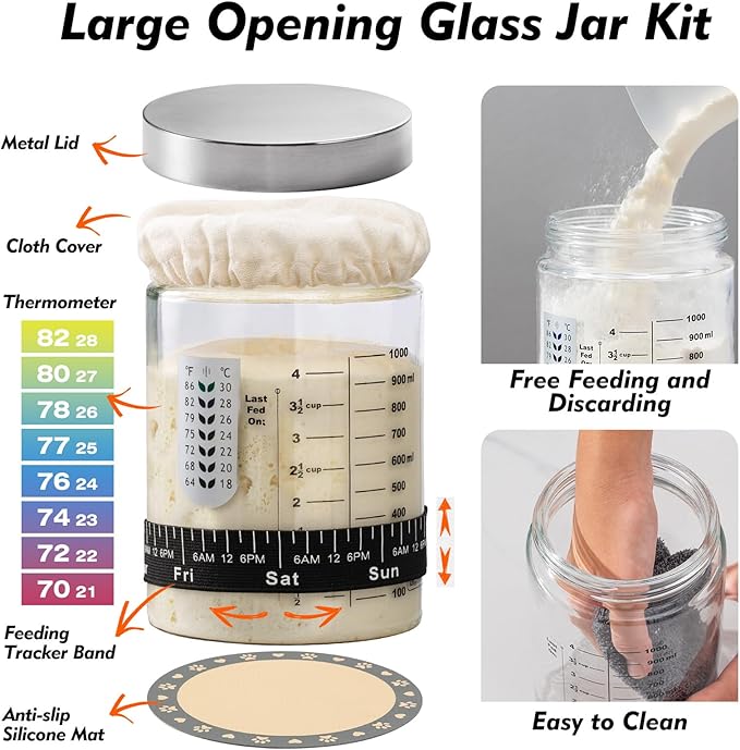 Sourdough Starter Kit, Sourdough Bread Baking Supplies, 40oz Sourdough Starter Jar, Silicone Banneton Bread Proofing Basket Set with 9" Round & 10" Oval,Artisan Bread Baking Tools,Silicone Bread Sling
