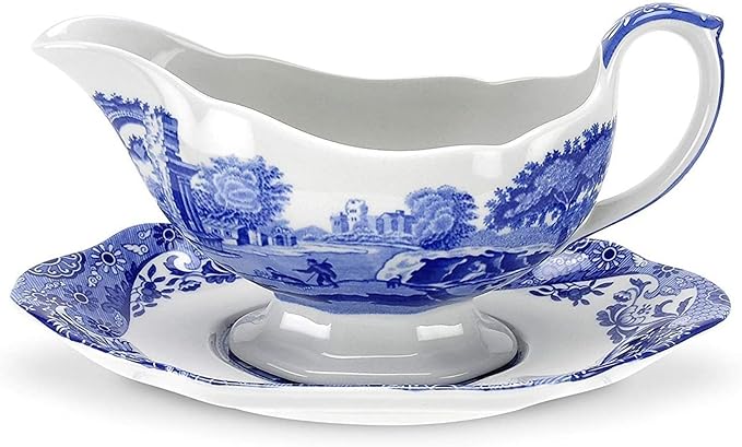 Spode Blue Italian 9 Oz Gravy Boat and Saucer, Earthenware Sauce Boat with Large Handle, Classic Countryside Design, Perfect for Gravy, Sauces, Salad Dressings, Dishwasher & Microwave Safe