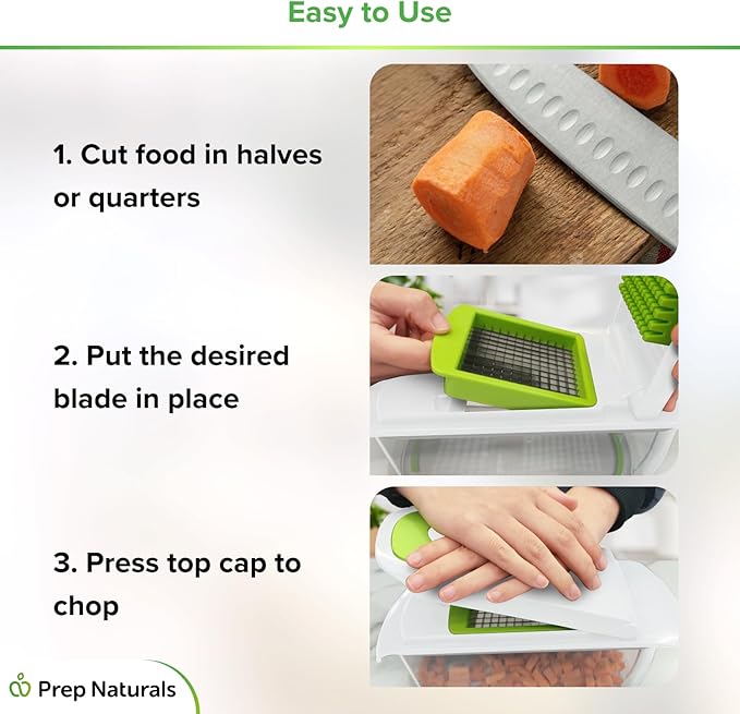 Prep Naturals 4-in-1 Veggie Chopper & Mandoline Slicer - Steel Vegetable Dicer Blades - Mess-Free Food Chopper & Container - Mandoline Vegetable Slicer for Uniform Cuts - White, Dishwasher-Safe
