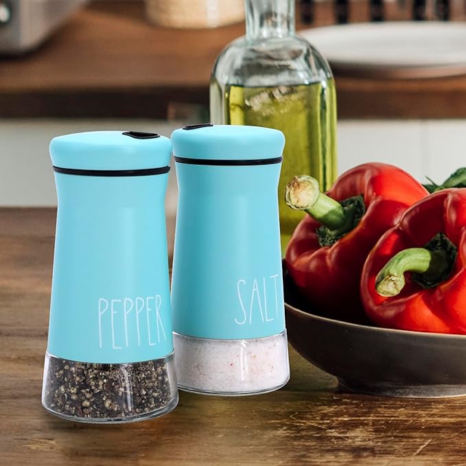 Teal Salt and Pepper Shakers with Adjustable Pour Holes, Refillable Salt Shaker by Aelga, Ideal for Himalayan, Kosher, Black and White Pepper, Teal Kitchen Accessories