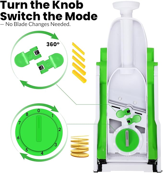 Safe Mandoline Slicer for Kitchen, Multi Vegetable Slicer & Chopper with 4 Modes & 8 Thickness Adjuster, Mandolin Slicer with Cleaning Brush for Potato, Onion (Forest Green)