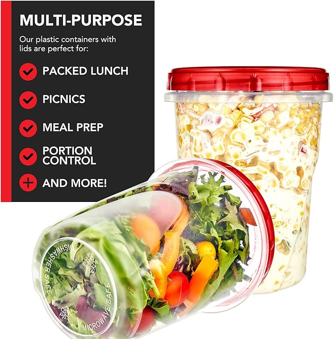 Stock Your Home 32oz Plastic Containers with Red Twist Top Lids (6 Pack) – Quart Freezer Containers for Leftovers, Airtight Reusable Soup Storage, Microwave & Dishwasher Safe