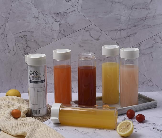 Komax Reusable Juice Bottles, Set of 6 - 18.5 oz | Premium BPA-Free Plastic, Shatterproof, Leakproof, Freezer & Dishwasher Safe | Wide Mouth Juice & Smoothie Containers