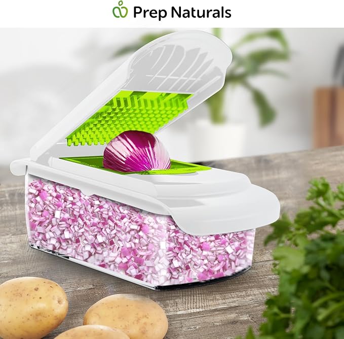 Prep Naturals 4-in-1 Veggie Chopper & Mandoline Slicer - Steel Vegetable Dicer Blades - Mess-Free Food Chopper & Container - Mandoline Vegetable Slicer for Uniform Cuts - White, Dishwasher-Safe