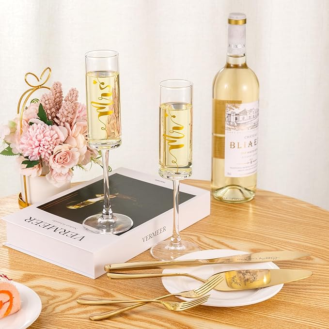 Wedding Cake Knife and Server Set, Mr and Mrs Champagne Flutes Glasses & Forks with Wooden Box, Gold Cake Cutting Set for Wedding Engagement Bridal Shower Gifts