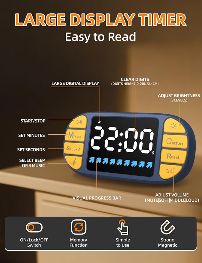 DOOMAY Digital Kitchen Visual Timer: 3.6'' Large LED Display, Magnetic, 3 Brightness, 4 Alarms and Volume, Memory Function, Countdown Count up for Cooking, Classroom, Home Gym, AAA Battery Included