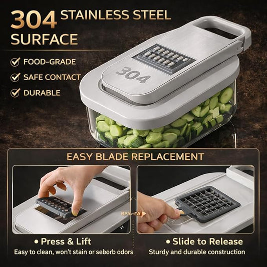 All-in-One Food Chopper & Mandoline Slicer, 9-in-1 Vegetable Chopper with Interchangeable Stainless Steel Blades, BPA-Free Manual Onion Dicer, Julienne & Grater with Container