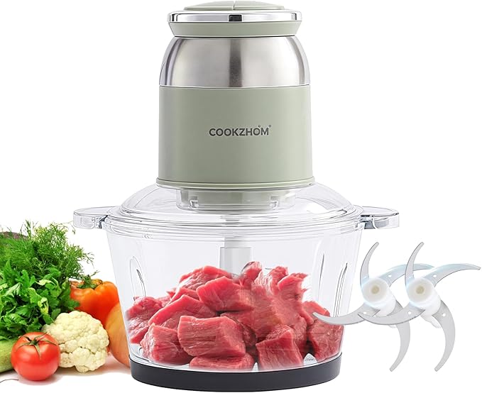 COOKZHOM Green Food Processor,500W Electric Meat Grinder with 8 Cup Glass Bowl and 4 Sharp Blades, Food Chopper & Vegetable Chopper for home use,Meat Processor, Vegetables, Fruits and Nuts