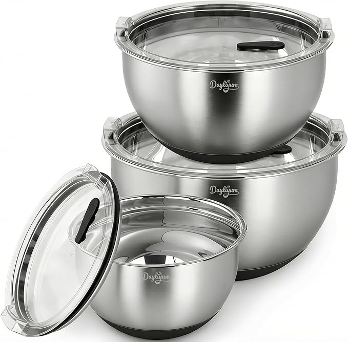 Mixing Bowls with Airtight Lids, Clear Lid with Valve, Stainless Steel Nesting Bowl Set, 3-Piece Bowls(1.5/3/5 QT), Measurement Marks, Non-Slip Silicone Base, Dishwasher Safe, Food Prep & Storage