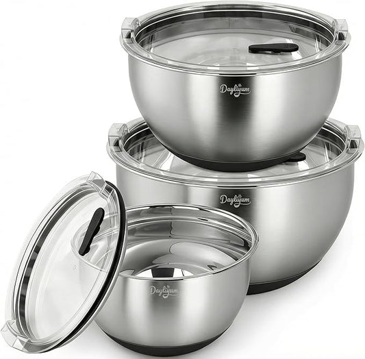 Mixing Bowls with Airtight Lids, Clear Lid with Valve, Stainless Steel Nesting Bowl Set, 3-Piece Bowls(1.5/3/5 QT), Measurement Marks, Non-Slip Silicone Base, Dishwasher Safe, Food Prep & Storage