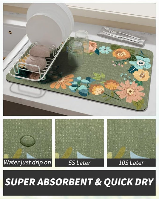 AMOAMI Coffee Mat - Hide Stain Rubber Backed Absorbent Dish Drying Mat for Kitchen Counter - Bar Accessories Fit Under Coffee Maker, Espresso Machine, Dish Rack - Floral Green 16x24