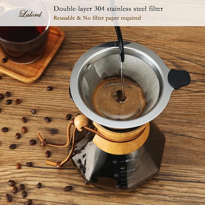 Lalord Pour Over Coffee Maker with Stainless Steel Filter, 20 oz Borosilicate Glass Coffee Carafe, Wooden Collar, Coffee Maker Carafe, Hold 3-4 Cups, 600 ml, Gray