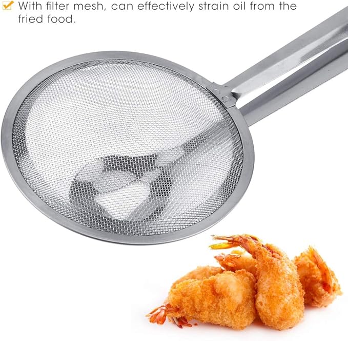 Stainless Steel Drain Oil Fried Food Strainer with Clip Fry Tool Oil Skimmer Food Clip Tong Filter Strainer Mesh
