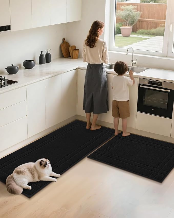 JSEI Kitchen Mats for Floor, Non-Slip Kitchen Rugs, Soft Washable Absorbent Kitchen Mats 2 PCS, Kitchen Runner Rug with TPR Backing, Polyester, 24"x36"+24"x60", Black