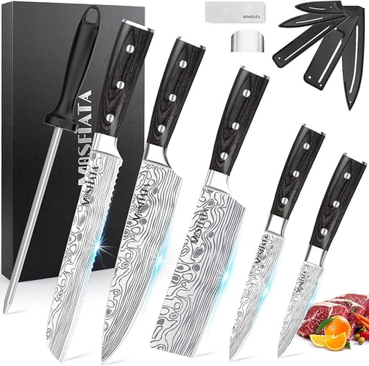 MOSFiATA 5 PCS Chef Knife Set, German High Carbon Stainless Steel Kitchen Knife Set with Sharpener Rod，5PCS Blade Guard,Wood Handle Knives Set for Kitchen with Gift Box
