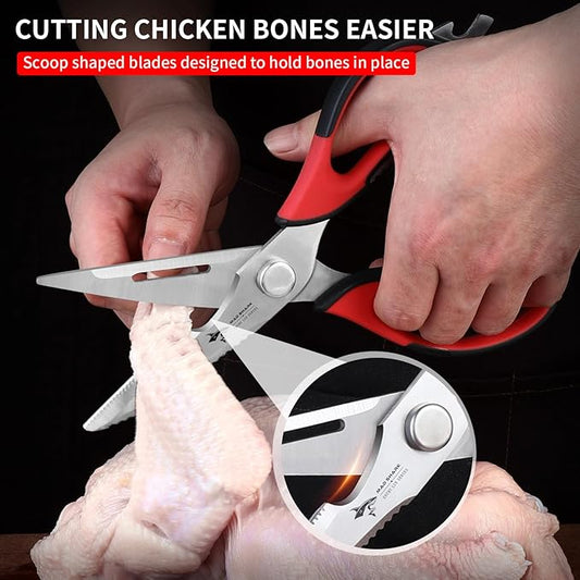 Kitchen Scissors All Purpose Kitchen Shears Come Apart,Stainless Steel Utility Scissors with Comfort Grip,Heavy Duty Poultry Shears for Chicken,Meat,Fish,Dishwash Safe (RED)