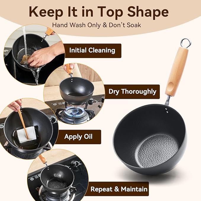 WANGYUANJI 7.1 Inch Hammered Iron Saucepan with Glass Lid, Removable Beechwood Handle, Small Milk Pot for Boiling, Simmering, Heating – Non-Coated, Stovetop Compatible