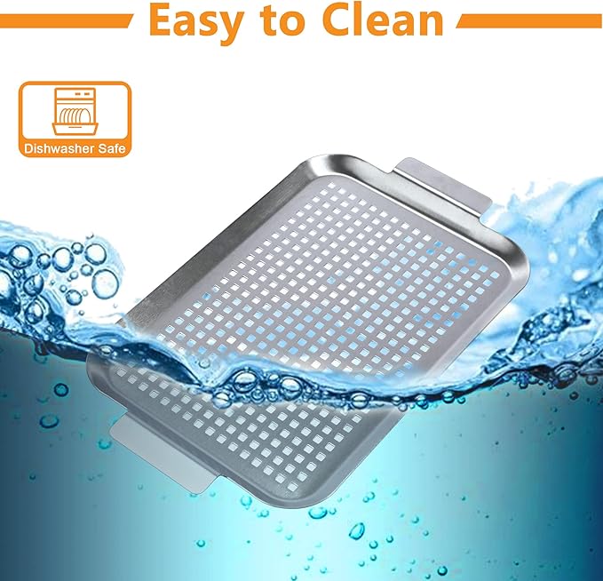 COOK TIME Grill Pan Set of 2, BBQ Grill Topper for Outdoor Grill, Stainless Steel Grilling Baskets with Holes and Handles, Perforated Food Tray Barbecue Accessories for Vegetable, Fish, Small x 2