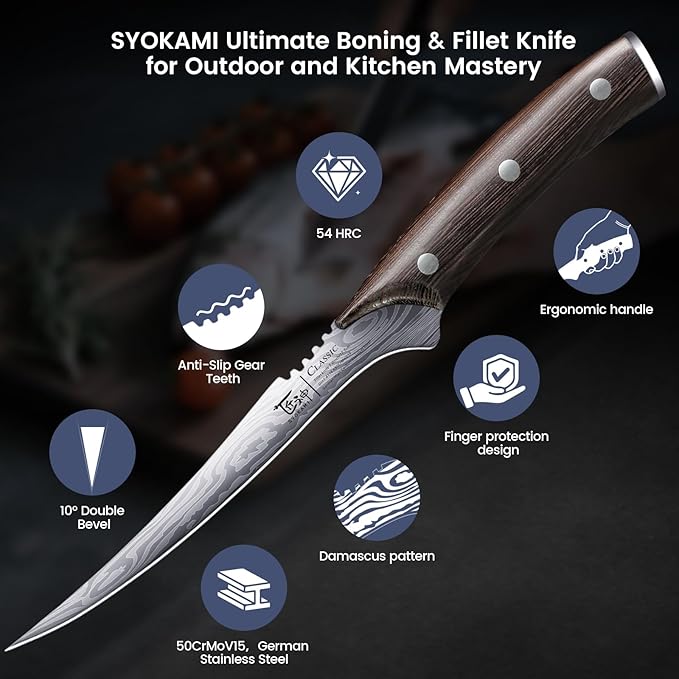 Fillet Knife, Razor Sharp 7.2 Inch Boning Knife, High Carbon Stainless Steel Filet Knives with High Flexibility, Wooden Handle, Full Tang Damascus Pattern Fishing Knives, Christmas Gift