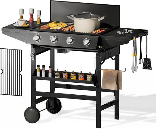 MFSTUDIO 3-in-1 Stove and Griddle Combo Gas Grill 4-Burner Propane Grills 52,000 BTU High Output for Outdoor Patio Barbecue and Meals