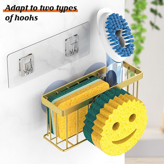 Sponge Holder Smiley Face, for kitchen Sink, Kitchen Organizer Sponge Holder with 2 PCS Suction Cups/1 PCS Adhesive Strips, Designed for Sponge, Soap, Dish brush, Scrubber-Gold