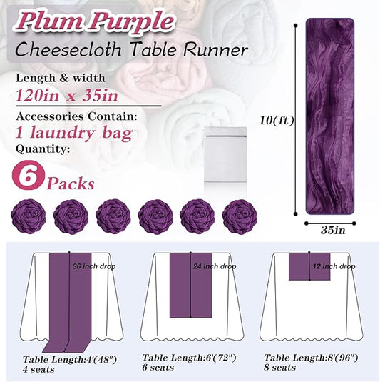 Plum Purple Cheesecloth Table Runner 6 Pack 35" Boho Gauze Runner 120 inches Long Rustic Sheer Fabric Bulk for Baby Shower Wedding Bridal Birthday Party Table Decorations
