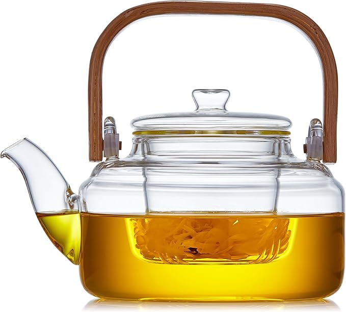 Glass Tea Pot with Infuser and Lid 800ML/27 FL OZ, Heat Resistant Borosilicate Glass Tea Kettle for Blooming and Loose Leaf Tea, Stovetop Safe